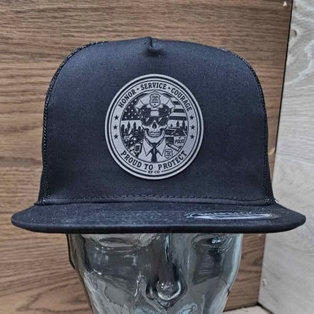 Police Officer Skull Leather Patch Black 5 panel hat
